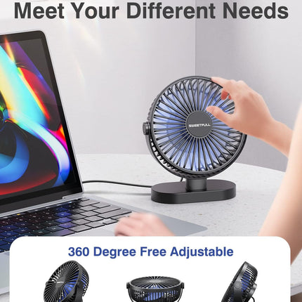 Sweetfull Usb Desk Fan Small Quiet 3 Speeds Mini Personal Portable Fan 360° Rotation Adjustable, 6 Inch Office Table Cooling