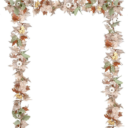 Artiflr 2 Pack Fall Garland Maple Leaf, Hanging Vine Garland Artificial Autumn Foliage Garland with White Pumpkins Thanksgiving Decor for Home Fireplace Party Christmas (White - 2 Pack)