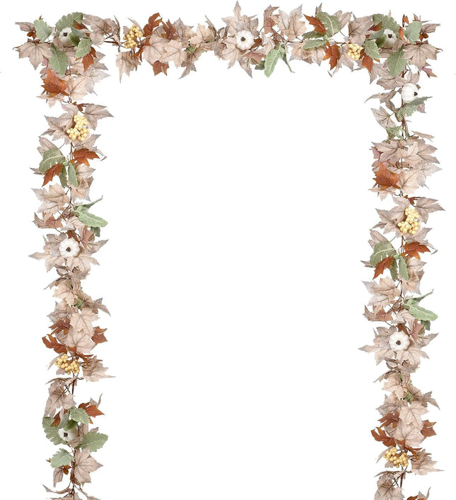 Artiflr 2 Pack Fall Garland Maple Leaf, Hanging Vine Garland Artificial Autumn Foliage Garland with White Pumpkins Thanksgiving Decor for Home Fireplace Party Christmas (White - 2 Pack)