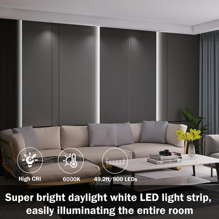 49.2ft USB LED Light Strip White with Battery Box (Batteries Not Included), Daylight LED White Strip Lights Cuttable LEDs for Bedroom, Mirror, Party, Camping, Birthday, Christmas, 8.2ft x 6