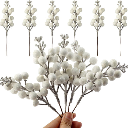Crafare 24 Pack 7.5Inch Christmas Glitter Berries Stems Artificial Christmas Picks for Christmas Tree Ornaments, DIY Xmas Wreath, Crafts, Holiday and Home Decor, White