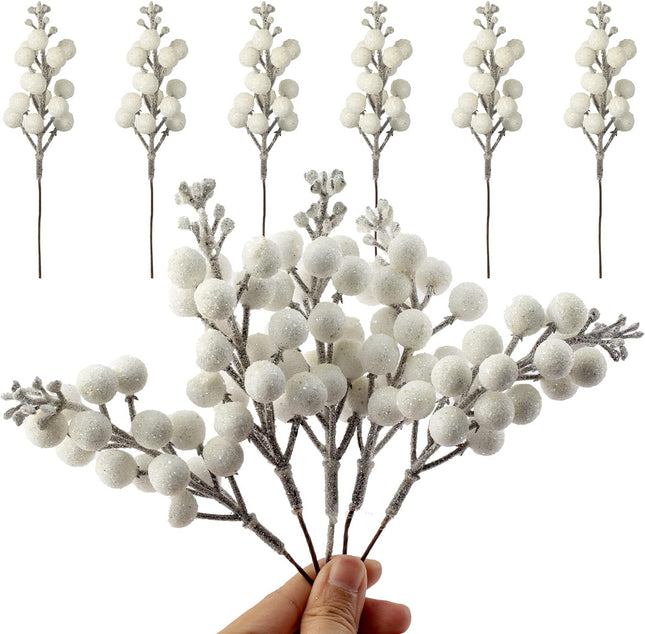 Crafare 24 Pack 7.5Inch Christmas Glitter Berries Stems Artificial Christmas Picks for Christmas Tree Ornaments, DIY Xmas Wreath, Crafts, Holiday and Home Decor, White