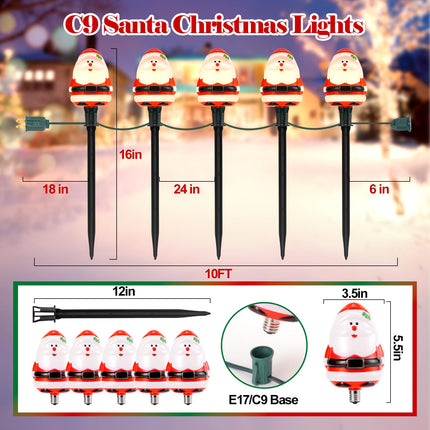 2-Pack Christmas Pathway Lights Outdoor with 5 Santa Lights, 10FT Santa Claus String Lights with Stakes, Plug in LED Xmas Path Lights, Waterproof Outside Christmas Decorations for Yard Lawn Walkway