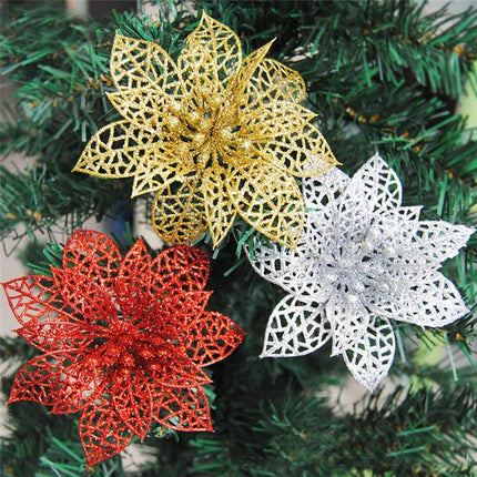 30 Pack Christmas Silver Glitter Poinsettia Flowers Picks Christmas Tree Ornaments 5.9" Wide for Silver Christmas Tree Wreaths Garland Holiday Seasonal Wedding Decorations
