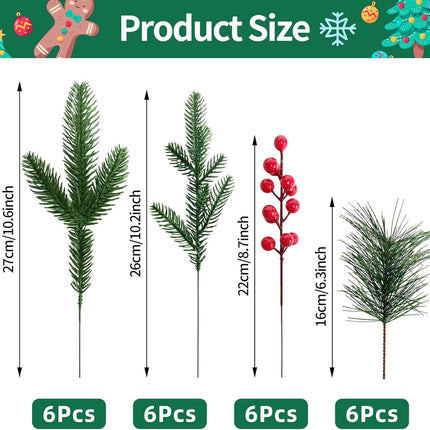 24 Pcs Christmas Artificial Pine Picks and Red Berry Stems, 10.5 Inch Greenery Pine Sprigs, 8 Inch Red Berry Branches, Faux Holiday Floral Picks for Wreaths, Garlands, Craft DIY, and Xmas Decorations