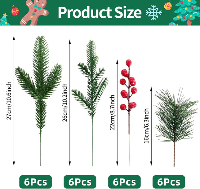 24 Pcs Christmas Artificial Pine Picks and Red Berry Stems, 10.5 Inch Greenery Pine Sprigs, 8 Inch Red Berry Branches, Faux Holiday Floral Picks for Wreaths, Garlands, Craft DIY, and Xmas Decorations