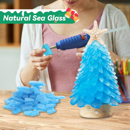Sea Glass Christmas Tree,8.6 inches Mini Christmas Tree with Lights,Beach Nautical Themed Seaglass Christmas Tree for Table top, Christmas Decorations Indoor,Blue Christmas Tree