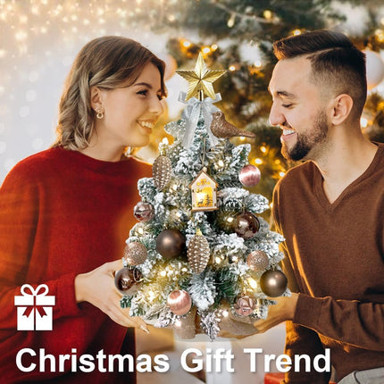 Mini Christmas Tree 2ft Tabletop Small Christmas Tree, Table Top Artificial Snow Flocked Arbol de Navidad Xmas Tree with 18 Christmas Decorations for Home Apartment Office Desk