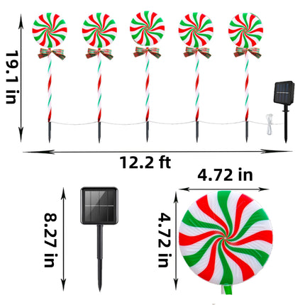 Christmas Solar Lollipop Pathway Lights 5 Pack Outdoor Candy Cane Stake Light with Bow Waterproof Walkway Xmas Outsides Garden Yard Lighting Landscape Decorative Decoration