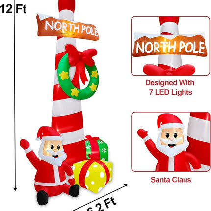 TURNMEON 12 Feet Giant Christmas Inflatable Outdoor Decorations North Pole Guidepost with Wreath Santa Claus Box Built-in LED Lights Blow Up Lawn Outside Yard Garden Party Decor