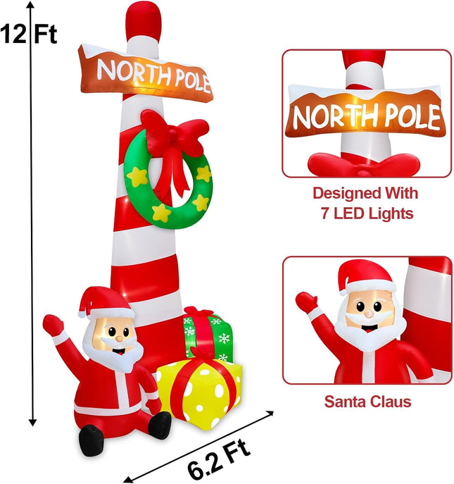 TURNMEON 12 Feet Giant Christmas Inflatable Outdoor Decorations North Pole Guidepost with Wreath Santa Claus Box Built-in LED Lights Blow Up Lawn Outside Yard Garden Party Decor