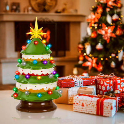 Tfro & Cile Ceramic Christmas Tree Decor 15 Inch Xmas Indoor Statue Tabletop Home Decoration Battery Powered LED Light for Party