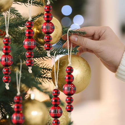 24 Pcs Christmas Ornaments Farmhouse Wood Bead Ornament for Tree with Blessing Word Rustic Christmas Hanging Decorations Natural Wooden Beads for Xmas Tree Wall Tiered Tray (Buffalo Plaid)