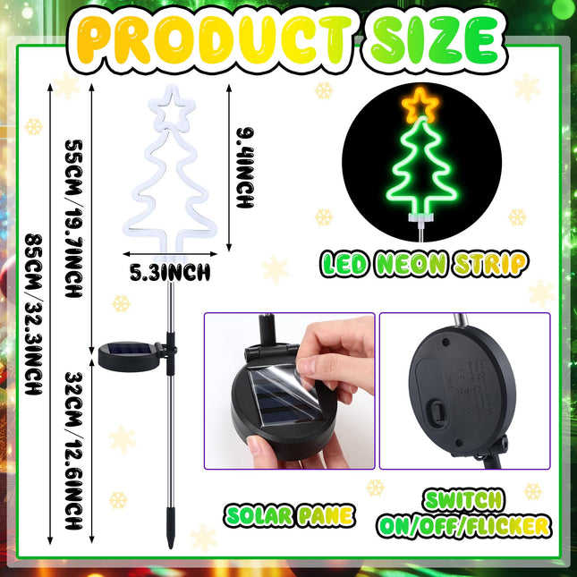 2 Pcs Solar Christmas Garden Stake Lights Waterproof Xmas Tree Solar Landscape Path Lights Neon Christmas Solar Lights for Outside Stakes Xmas Light Yard Stakes for House (Christmas Tree)