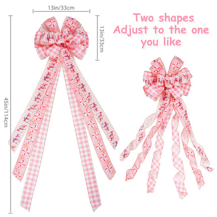 Pink Christmas Tree Topper Bow - 45'' x 13'' Large Pink Plaid Edge Ribbon Bow for Tree & Wreath - Rustic Christmas Tree Decor, Pink Buffalo Plaid Bow Wreath for Christmas Decorations