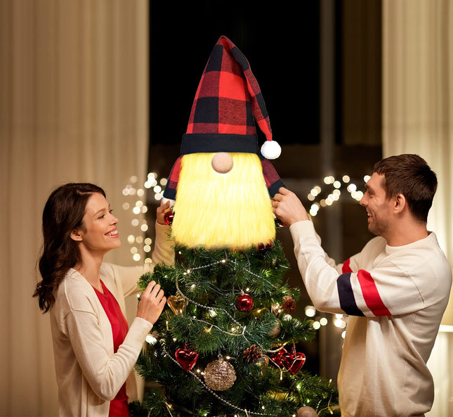 Gnome Christmas Tree Topper with Lights Decorations,23.6” Large Buffalo Plaid Battery Operated Remote 13 Colors Change Light Up Gnome Tree Decorations for Xmas Tree Topper Red&Black