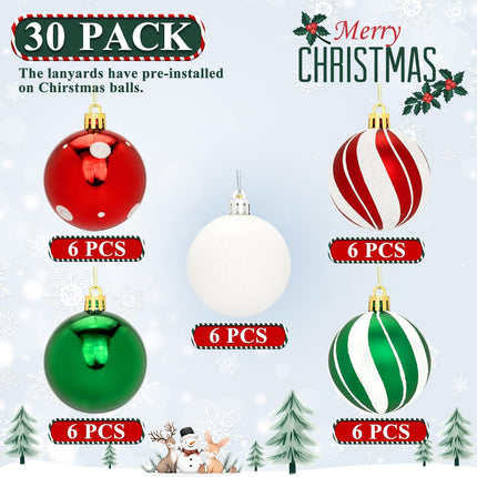 30 Pcs Christmas Ball Ornaments Set, 2.36'' Red Green and White Luxury Hand-Painted Xmas Tree Decoration, Shatterproof Decorative Hanging Ornament Bulk for Party Holiday Wreath Garland Home Décor
