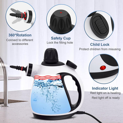 Handheld Steam Cleaner, Steam Cleaner For Home With 10 Accessory Kit, Multipurpose Portable Upholstery Steamer Cleaning With Safety Lock To Remove Grime, Grease, And More, White