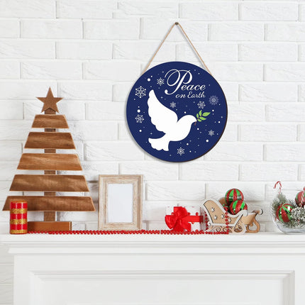 Gerrii Blue Christmas Decorations Christmas Hanging Wooden Sign Peace on Earth Door Sign Round Snow Christmas Wreath for Front Door Funny Winter Wreath Sign for Front Door Rustic Xmas Wood Sign