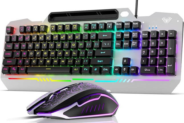 AULA Gaming Keyboard, 104 Keys Gaming Keyboard and Mouse Combo with Rainbow Backlit Quiet Computer Keyboard, All-Metal Panel, Waterproof Light Up PC Keyboard, USB Wired Keyboard for MAC Xbox PC Gamers