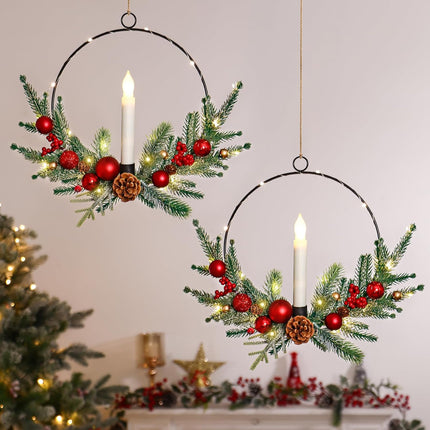 2Pack 16inch Christmas Wreath with Taper Candle Lights Christmas Wreath Outdoor Prelit Christmas Wreath for Front Door Porch Fireplace Christmas Window Door Decorations