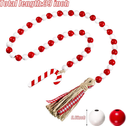 Chuangdi Christmas Wooden Bead Garland Wreath with Tassels 39 INES Decorated with Candy Canes Wood Bead Garland for Christmas Tree Tiered Tray Decor Home Farmhouse Wall Hanging Ornaments(Red White)