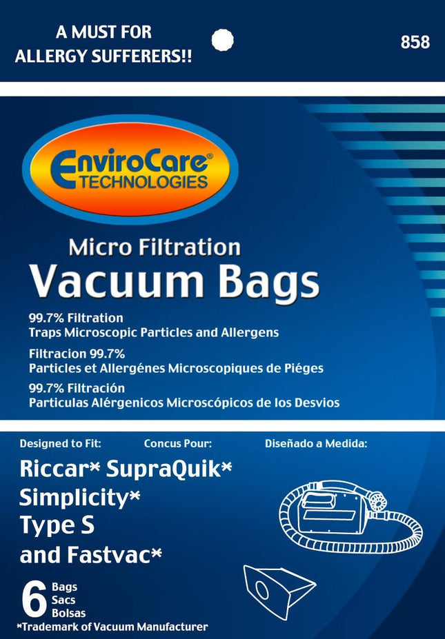 Envirocare Micro Filtration Vacuum Cleaner Dust Bags Made To Fit Riccar Supraquik And Simplicity Type S And Fastvac 6 Pack