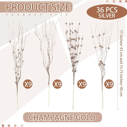 36 Pcs 17'' 15'' Christmas Artificial Glitter Berry Stems 4 Styles Christmas Decorative Tree Picks Branches Large Glittery Twigs for Christmas Tree Xmas Wreath Vase Filler (Champagne Gold)