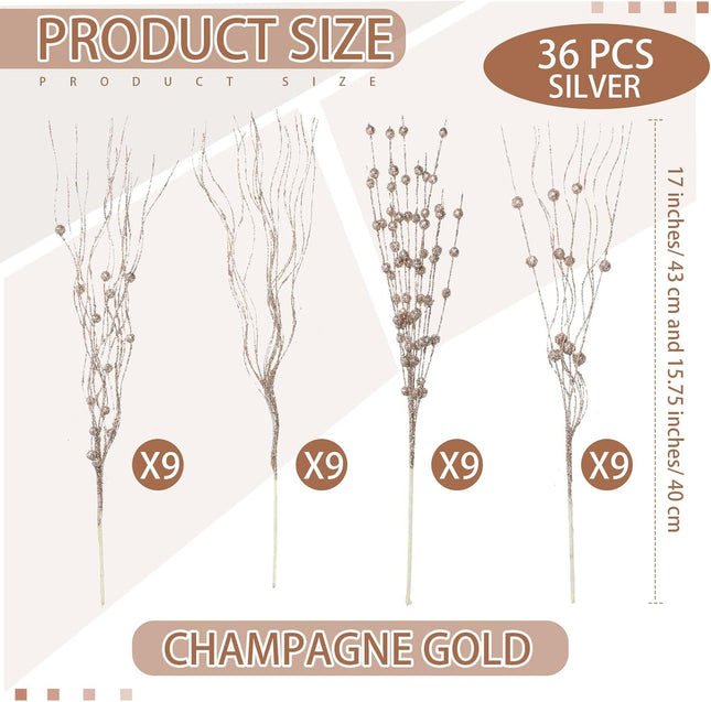 36 Pcs 17'' 15'' Christmas Artificial Glitter Berry Stems 4 Styles Christmas Decorative Tree Picks Branches Large Glittery Twigs for Christmas Tree Xmas Wreath Vase Filler (Champagne Gold)