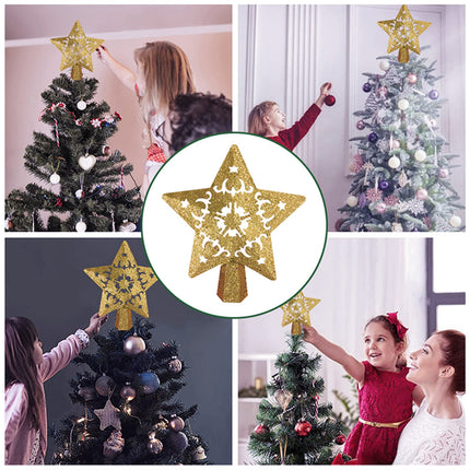 Star Christmas Tree Topper Lighted with Built-in Rotating LED Projector, Gold Glitter Starburst Tree Top Projection of 4 Dynamic Images for Christmas Tree Home Office Party Decor Ornament
