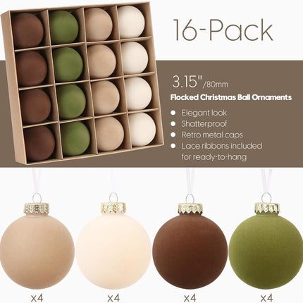 Sea Team 16-Pack Flocked Velvet Christmas Tree Ball Ornaments Set, Decorative Hanging Baubles, Shatterproof Plastic Decorations for Xmas Tree, Wreath, Garland, 80mm/3.15 Inches, Prairie Fall