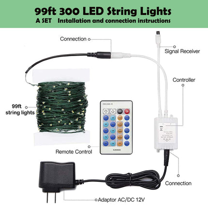 Outdoor Indoor String Lights Christmas 300LED Warm White Fairy Lights 99ft Green Wire Dimmable with Remote Control, Waterproof Fairy Light for DIY Christmas Tree Bedroom Patio Party Decor