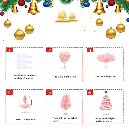 Mini Pink Christmas Tree, 24” Artificial Tabletop Christmas Tree with Lights & Hanging Ornaments, Small Desktop Xmas Tree for Party Supplies Home Indoor Decoration