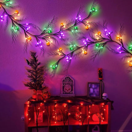[Timer & 8 Modes] 6Ft 57 LED Halloween Willow Vine Twig Halloween Garland with 6 Orange Pumpkins & 6 Purple Bats & 6 Green Light Spider Waterproof Battery Operated Halloween Light Mantel Wall Decor