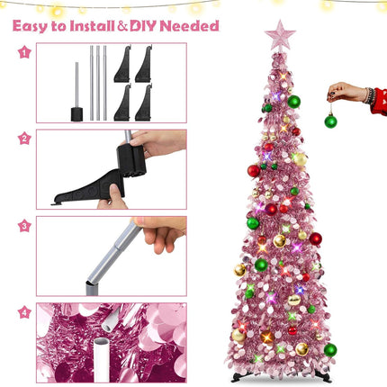 N&T NIETING Pop Up Christmas Tree with Lights & 30 Balls, 5Ft Collapsible Rose Gold Tinsel Christmas Tree Decorations, Pencil Christmas Tree Skinny Christmas Tree for Holiday Xmas Home Office Decor