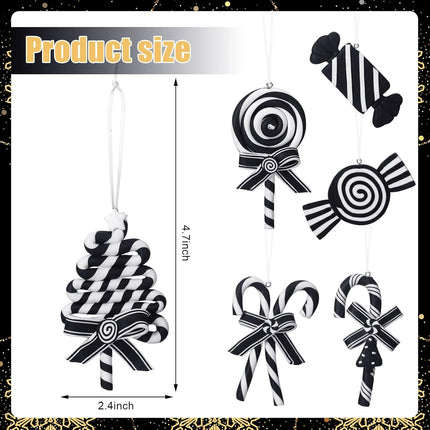 Blulu 6 Pcs Christmas Black and White Candy Cane Hanging Ornaments Halloween Glitter Candy Tree Decorations Polymer Clay Peppermint Candy Winter Holiday Xmas Party Supplies for Wreaths Christmas trees