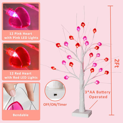 2FT Valentine's Day Tree Decor - 24LT FastDeng Prelit Birch Tree with 12 Pink & 12 Red Heart, Unique Red and Pink LED Lights, Battery Operated, Timing Function, Decorations for The Home, Mother's Day