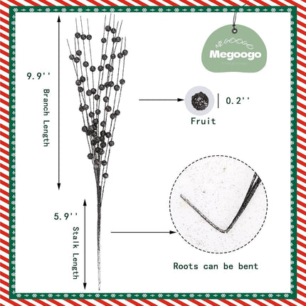 12 PCS Artificial Glitter Berry, Black Christmas Glitter Picks Artificial Berries Stems Ornaments Fake Xmas Stem Decorative Sticks for Vases Tall DIY Wreath Home Decor Halloween Decoration (15.8’’)