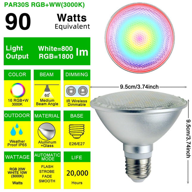 2Pack PAR30S LED Light Bulb, 30W RGB+Warm White LED Flood Light Indoor/Outdoor, Dimmable Color Changing Spotlight with Remote Control, Lawn Lamp for Home Courtyard Christmas Party Decoration
