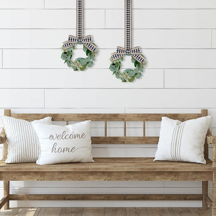Syhood 2 Pieces 9" Mini Eucalyptus Wreath Artificial Spring Summer Greenery Wreath for Front Door Farmhouse Kitchen Cabinet Wreaths with Ribbon for Porch Wall Window Decor(Plaid Bow Style)