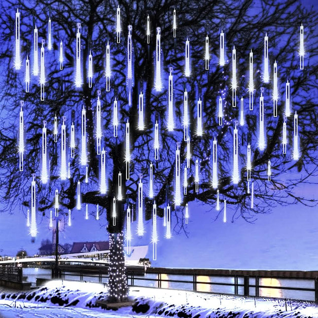 Christmas Lights Outdoor, Meteor Shower Lights Falling Star Lights 12 inch 8 Tubes 144 LED Icicle Snow Falling Raindrop Lights for Xmas Tree Halloween Holiday Party Decoration, UL Plug, White
