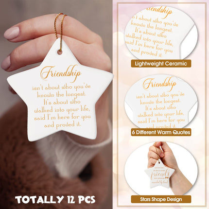 12 Pcs Friend s Ceramic Star Ornament, Christmas Tree Ornaments Star Shaped Keepsake Hanging Sign with Golden Strings and Black Velvet Bags for Friend Woman