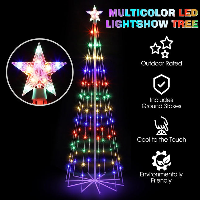 OUSHENG 6' Multicolor LED Animated Outdoor Christmas Tree Lightshow Decorations, Lighted Cone Wire Artificial Tree Decor with Star Lights for Yard Patio Garden Outside Indoor, 4 Colors