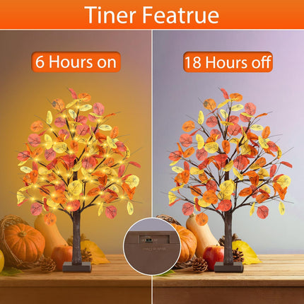 FastDeng 2FT Fall Lighted Eucalyptus Tree, 24 Inch Prelit Tabletop Artificial Tree with 36 LED Lights, 108 Leaves, Timing Battery Operated Fall Tree for Indoor Autumn Harvest Thanksgiving Home Decor