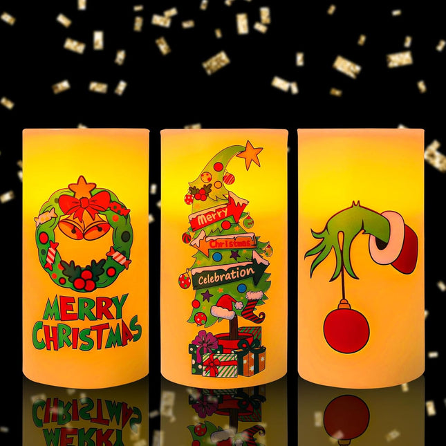 Whaline 3Pcs Merry Christmas LED Flameless Candles Funny Cartoon Characters Flickering Candles Warm Light Battery Operated Pillar Candles Xmas Tree Garland Electric Candles for Holiday Home Decor