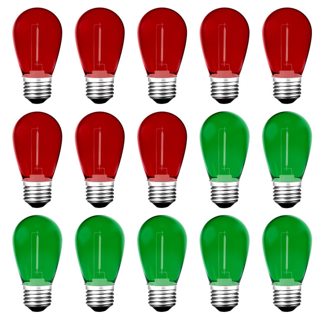 Meconard S14 Colored LED String Light Bulbs,1 Watt Plastic Shatterproof Waterproof Outdoor Indoor Replacement Bulbs for Home Decor, E26 Medium Base, Red Green Light Bulbs, 15Pack