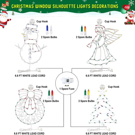Christmas Window Silhouette Lights Decorations Pack of 4 Lighted Snowman, Trumpeting Angel, Wreath, Christmas Tree Christmas Window Lights with 50 Bulbs for Holiday Indoor Wall Door Glass Decorations