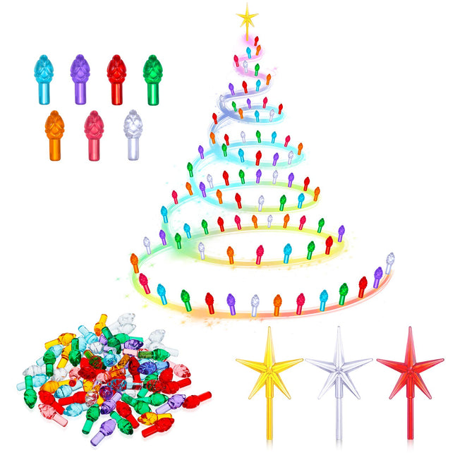 Honoson 300 Pieces Christmas Replacement Light Bulbs for Ceramic Christmas Tree Medium Twist Plastic Light Bulbs Multi-color Flame Shape Bulbs with 3 Pieces Tree Topper Stars for Christmas Decorations
