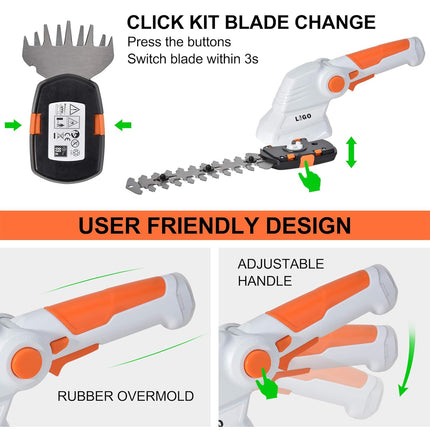 LIGO 7.2V Hedge Trimmer Battery Powered, Lightweight Cordless Trimmers, 2 in 1 1500mAh Multi-Perspective Adjusted Electric Grass Shears for Garden Ar.N KX7.2VG001(Grass Shear)