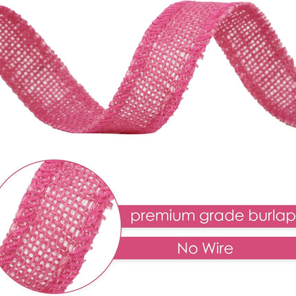 HUIHUANG Hot Pink Burlap Ribbon 1 inch x 20 Yards Natural Jute Burlap Ribbon for Wrapping Thick Burlap Ribbons for Crafts Christmas Wreaths Bows Rustic Home Decor Wedding Party Decor (No Wire)